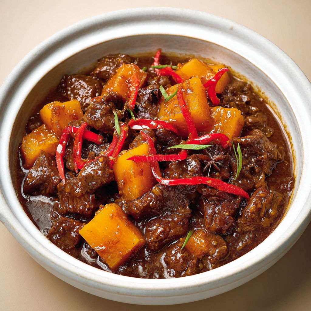 Un plat de boeuf asiatique à la mijoteuse, avec des carottes et des pommes, est servie dans un bol en porcelaine.