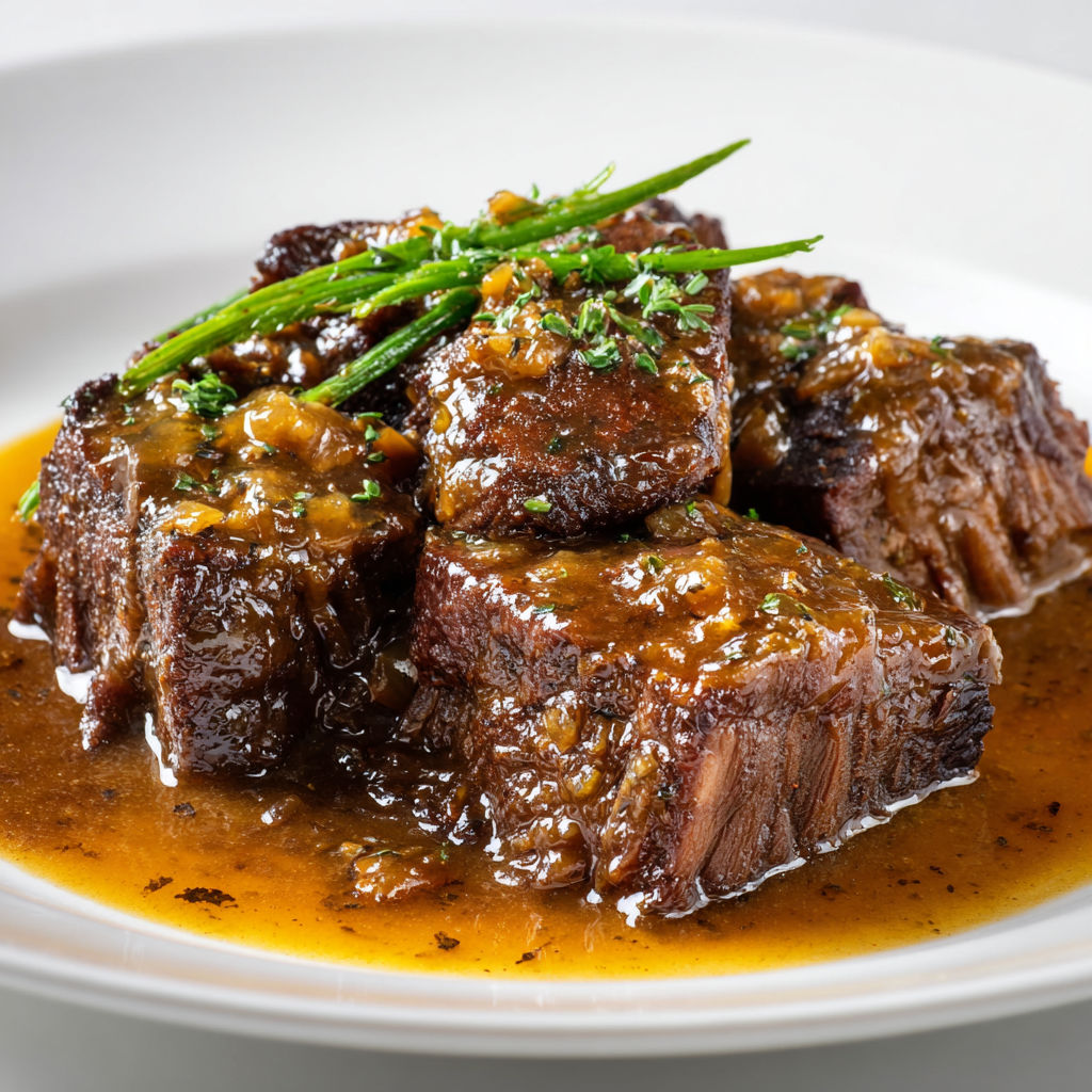 Une plaque de porc braisé avec des herbes et des épices, accompagné d'une sauce au citron et à l'orange.