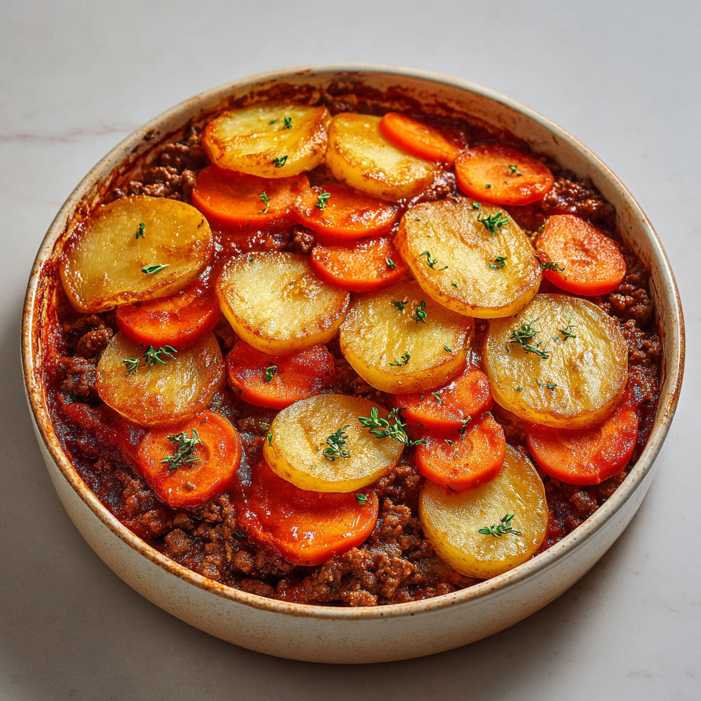 Une casserole de pâté chalet est servie dans un bol en métal.