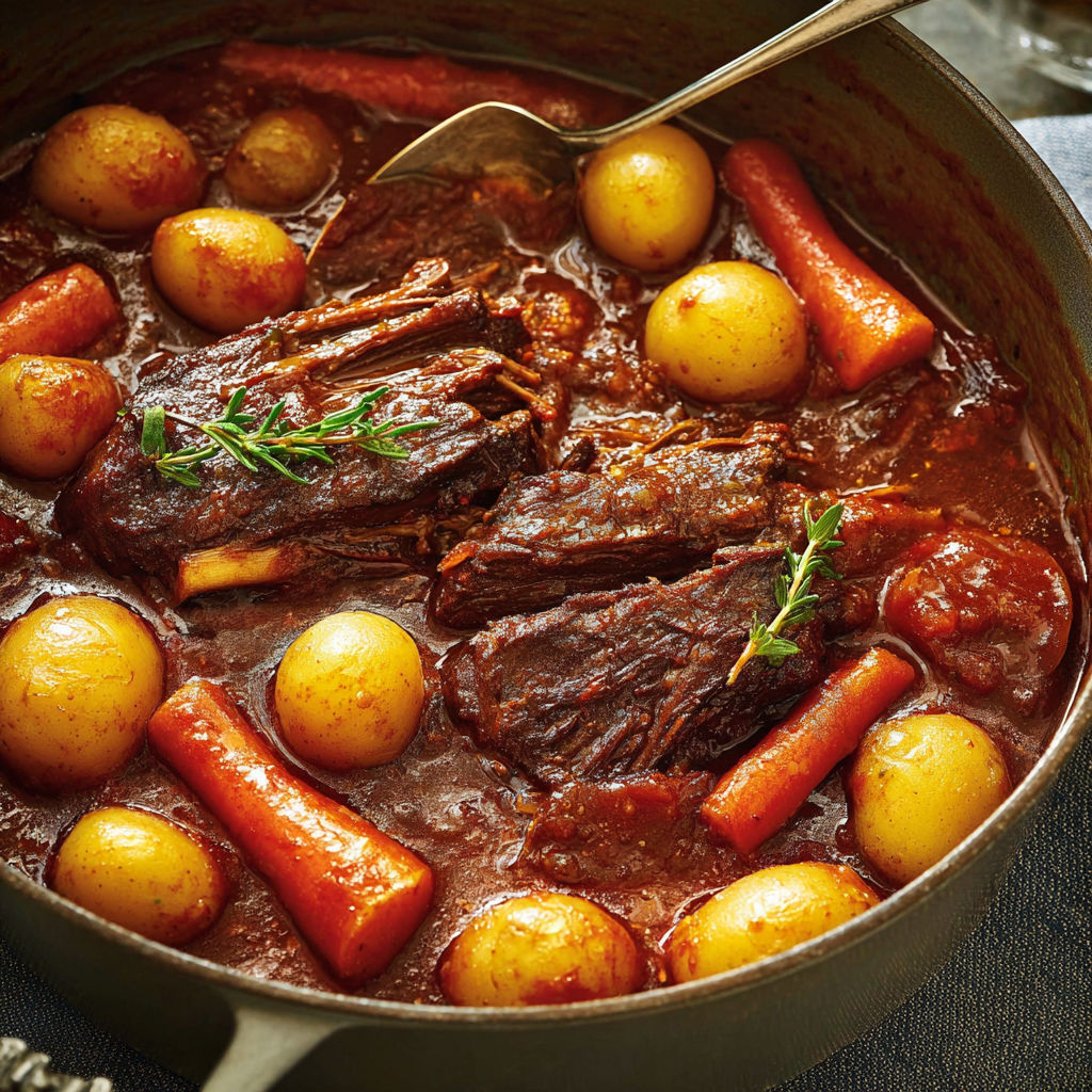 Cocotte de bœuf braisé aux herbes italiennes et légumes rustiques.
