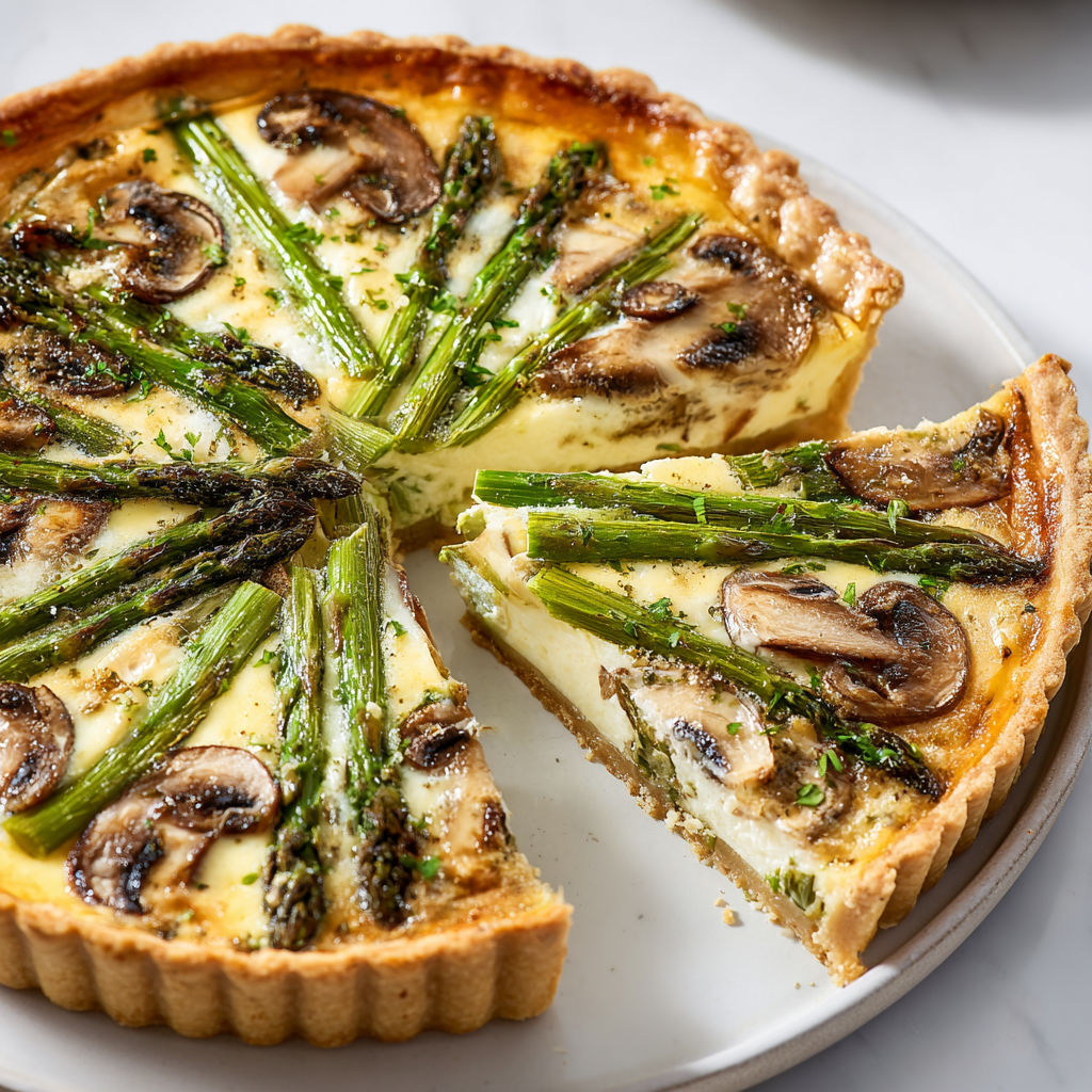 Une quiche aux asperges et aux champignons, prête à être servie.