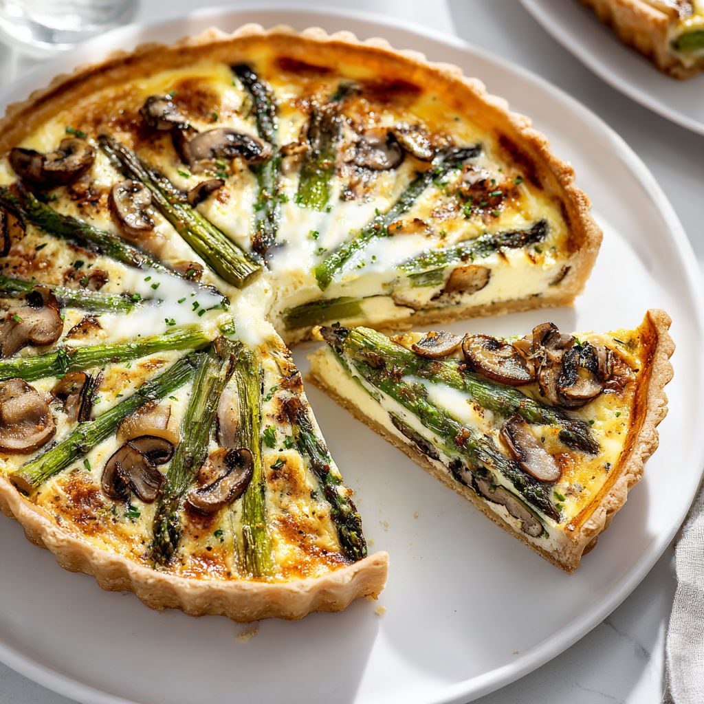 Une quiche aux asperges et aux champignons est servie sur un plateau.