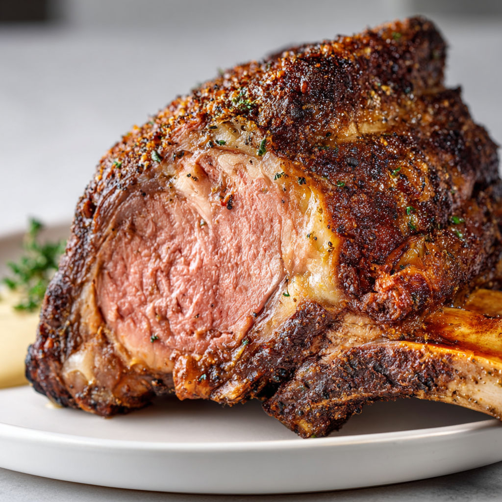 Un roti de côte de boeuf est présenté sur un plateau.
