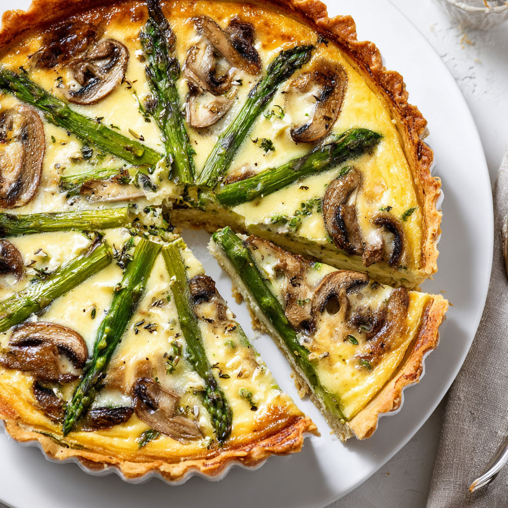 Une quiche aux asperges et aux champignons est servie sur un plateau.