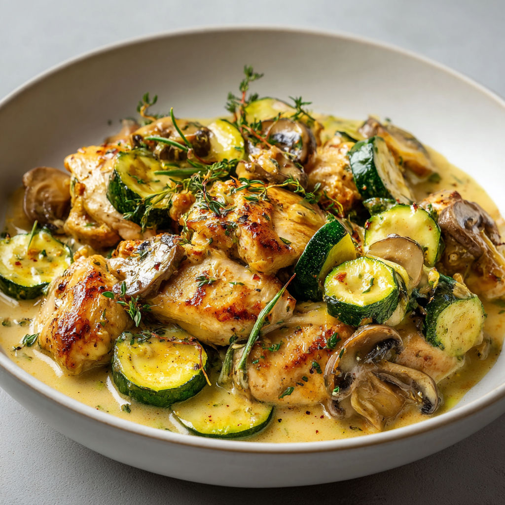 Une recette de Poulet mijoté aux courgettes, champignons et sauce au curry léger.