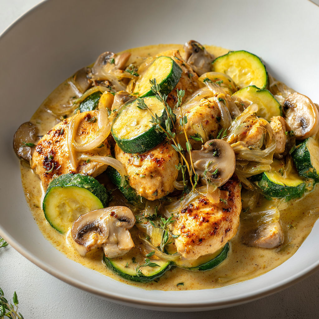 Une recette de Poêlée de poulet aux légumes fondants et bouillon parfumé au thym.