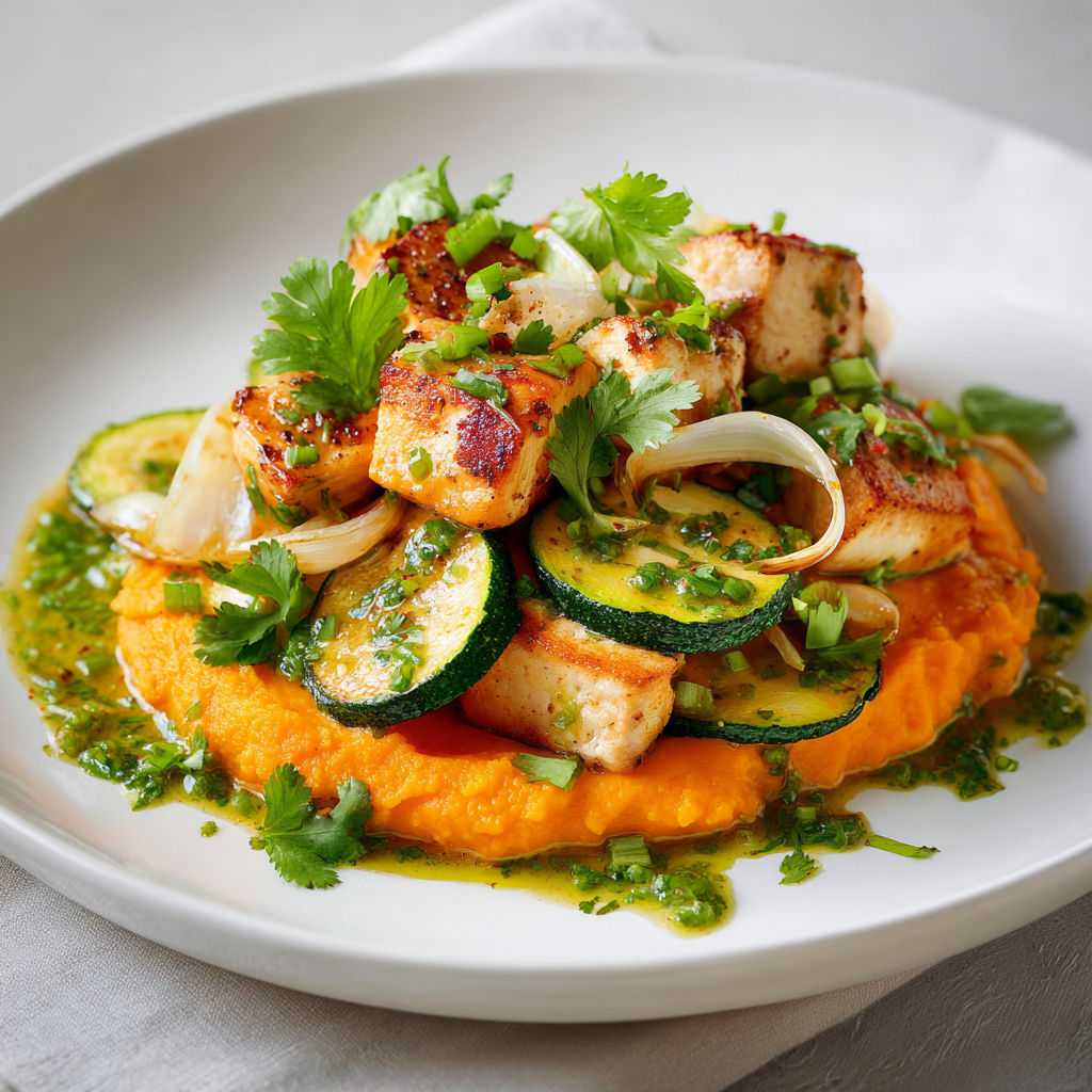 Poulet doré aux courgettes et purée onctueuse de patates douces.