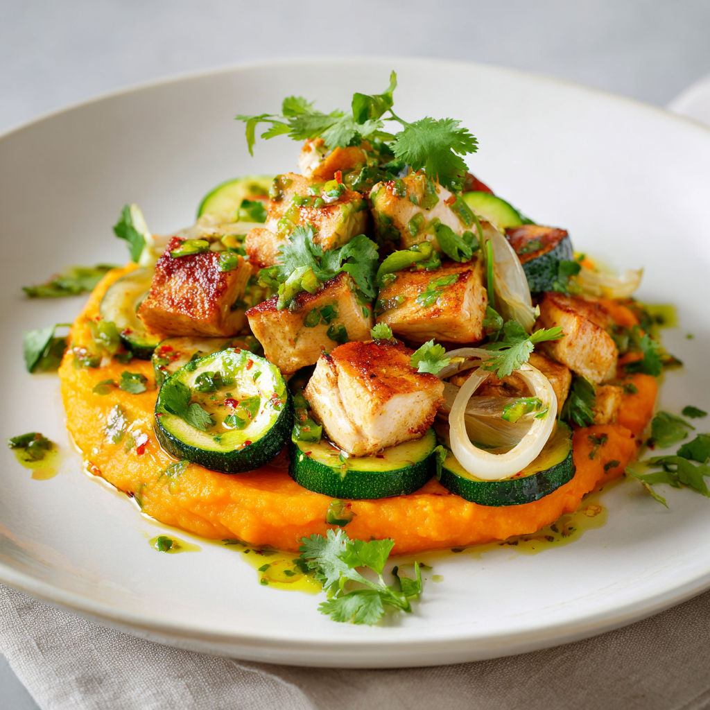 Poêlée de poulet sauté aux échalotes, courgettes fondantes et purée de patates douces maison.