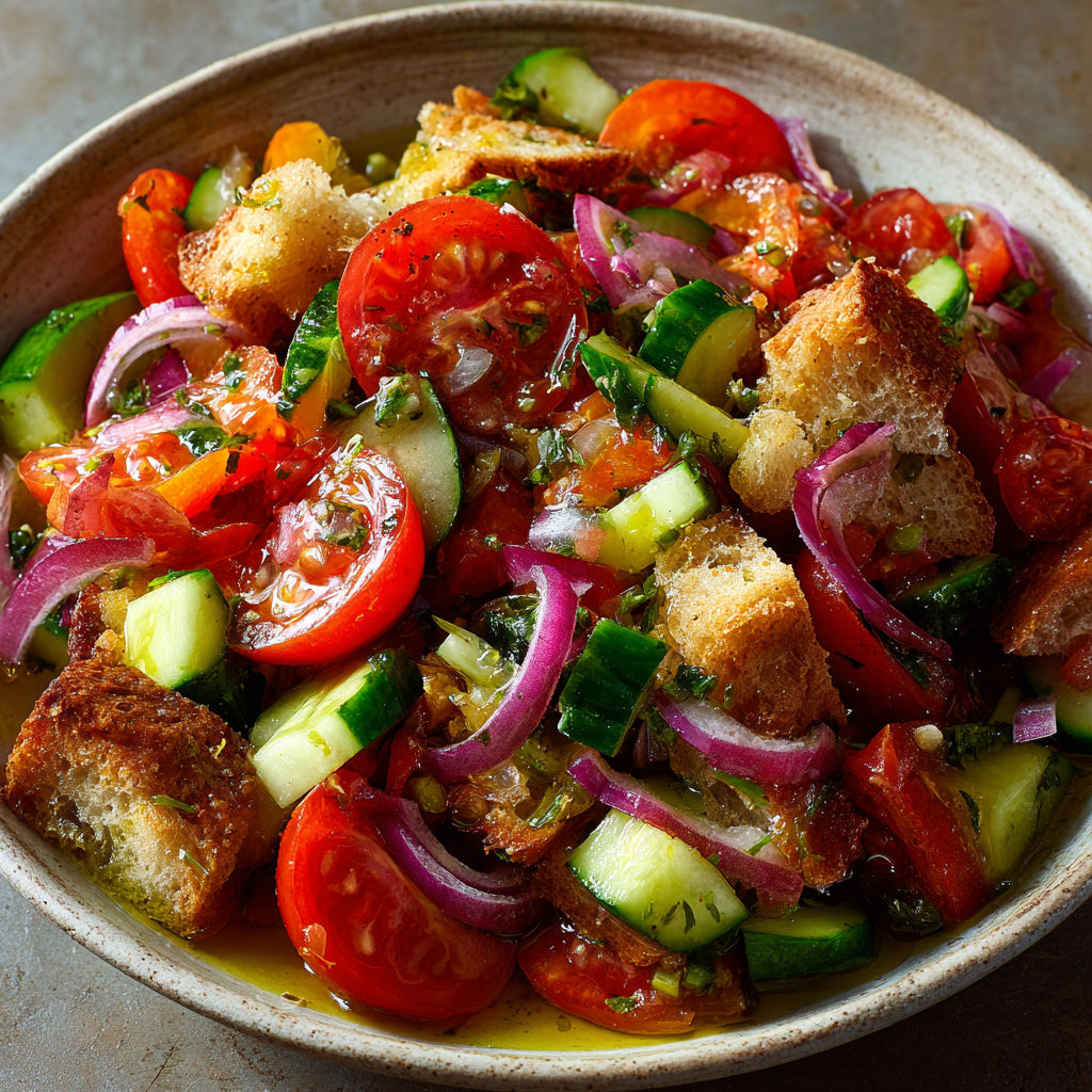 Salade italienne de pain trempé aux tomates cœur de bœuf, concombre et basilic.