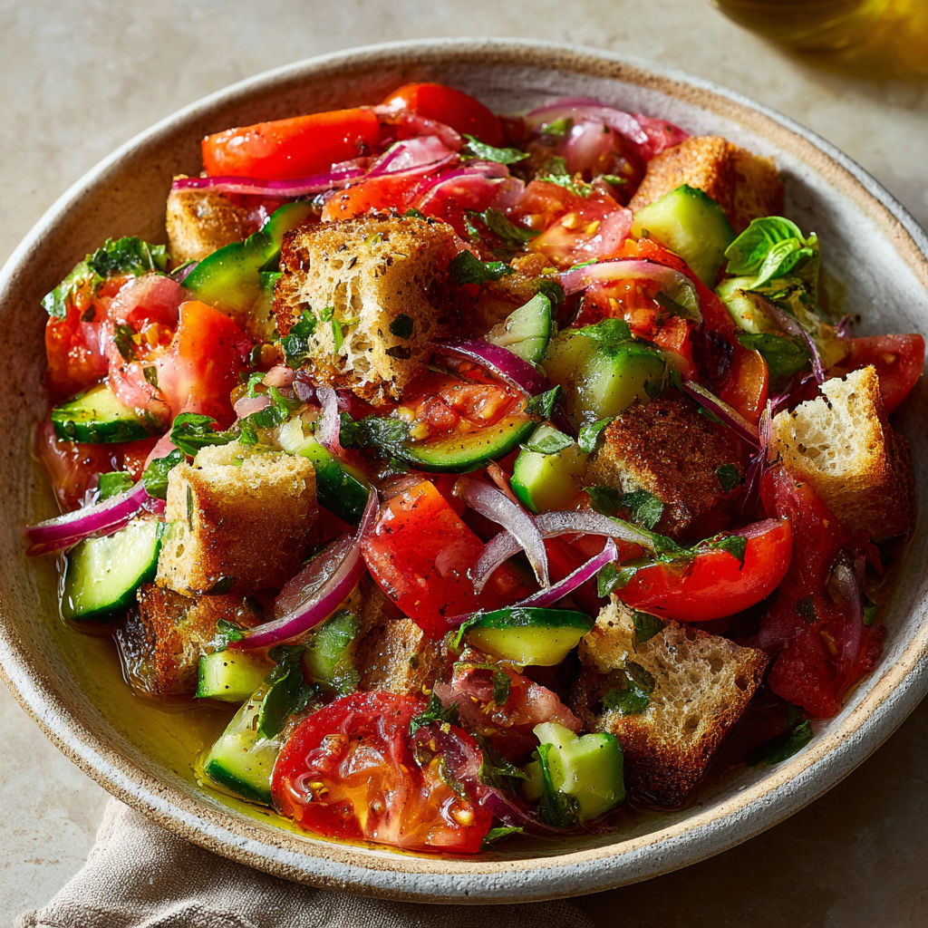 Salade rustique toscane au pain imbibé, oignon rouge et huile d’olive vierge.