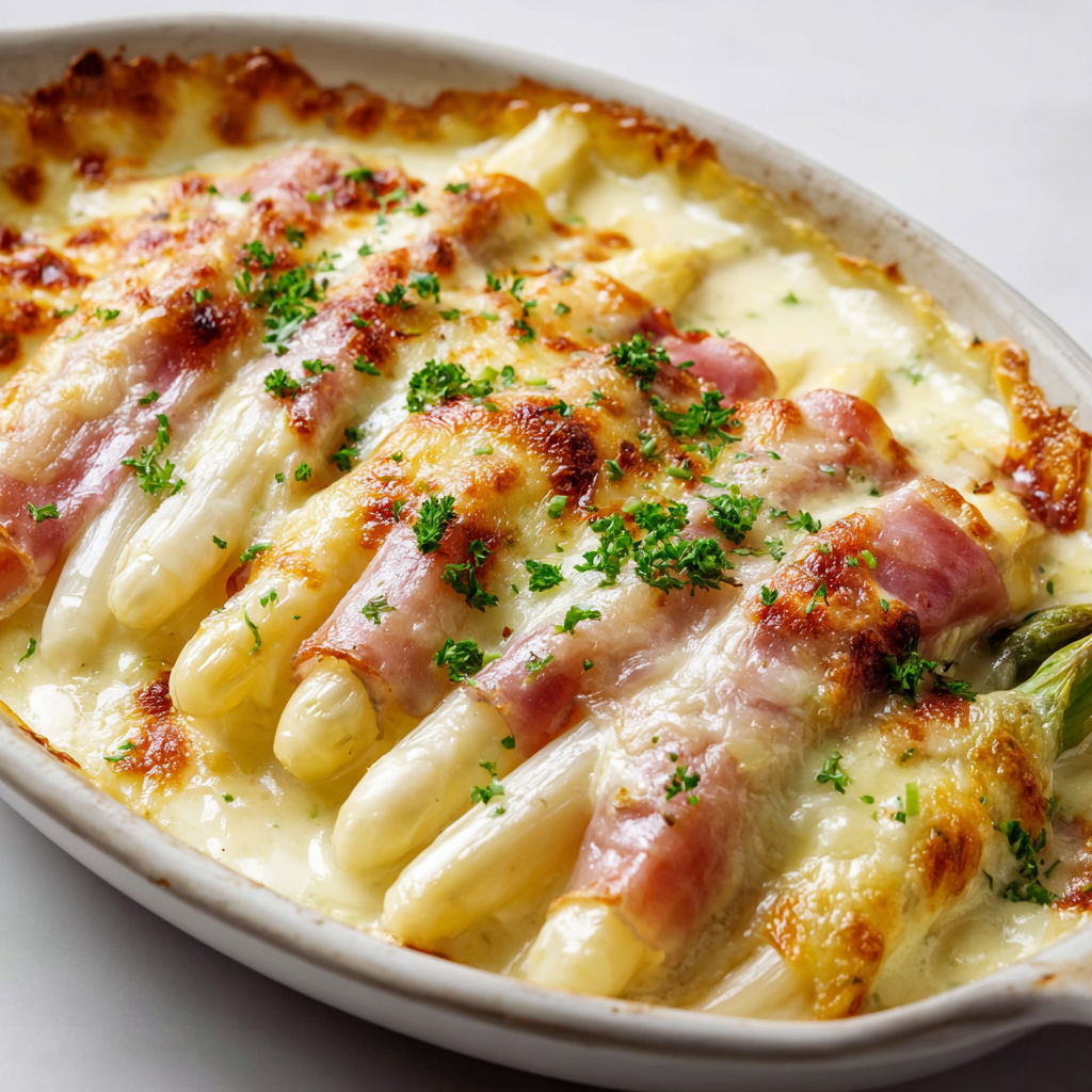 Une gratinée aux asperges, une recette savoureuse et délicieuse.