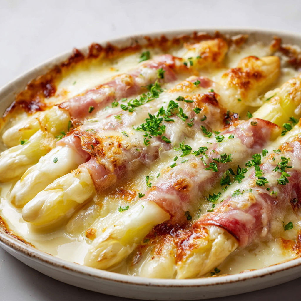Asperges blanches gratinées au jambon et sauce béchamel au gruyère.