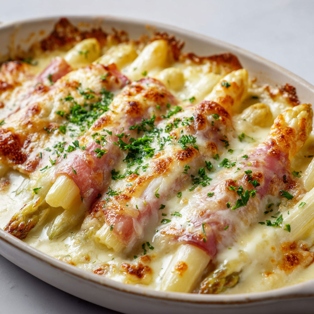 Gratin fondant d’asperges enroulées de jambon et nappées de sauce au fromage.