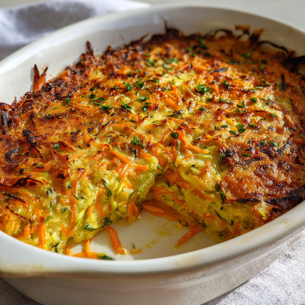 Gratin carotte-courgette aux épices douces et légumes fondants.