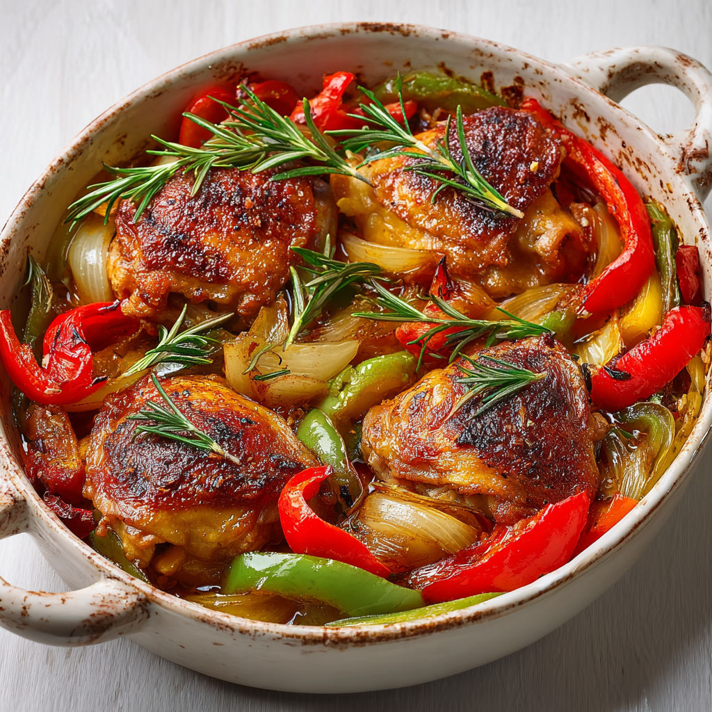 Poulet au four avec légumes fondants, tomates et poivrons confits.