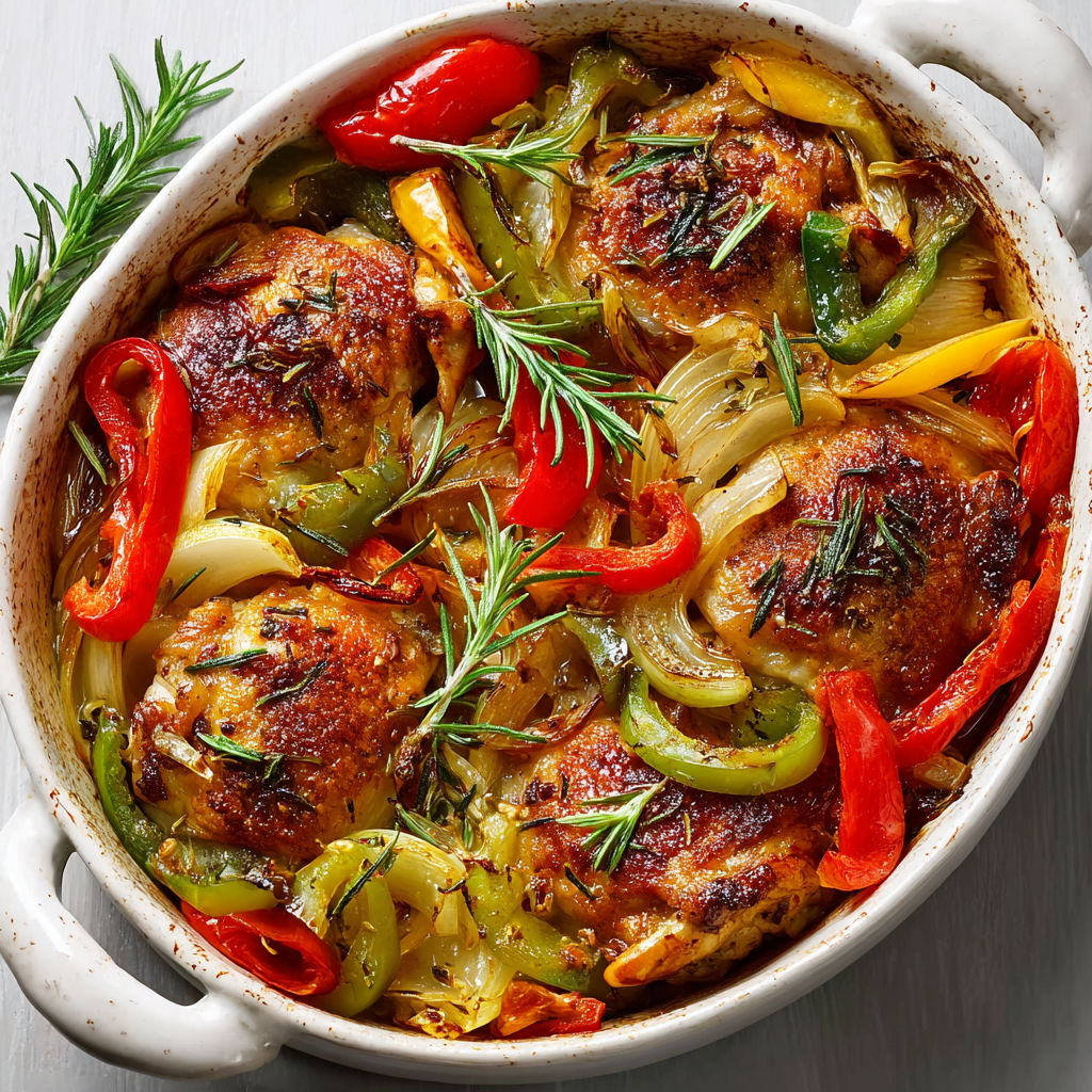 Cuisses de poulet rôties aux légumes du soleil et romarin.