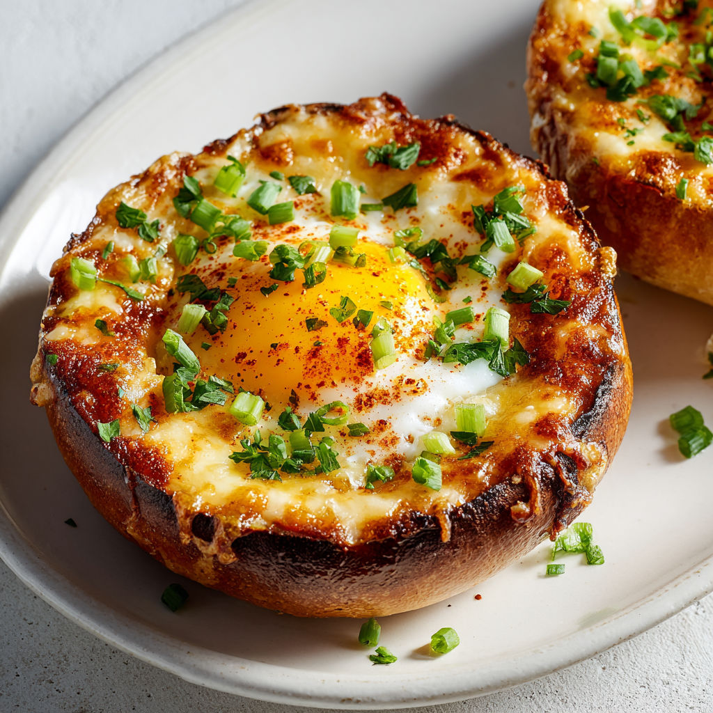 Bagel croustillant au cheddar gratiné et œuf coulant au four.