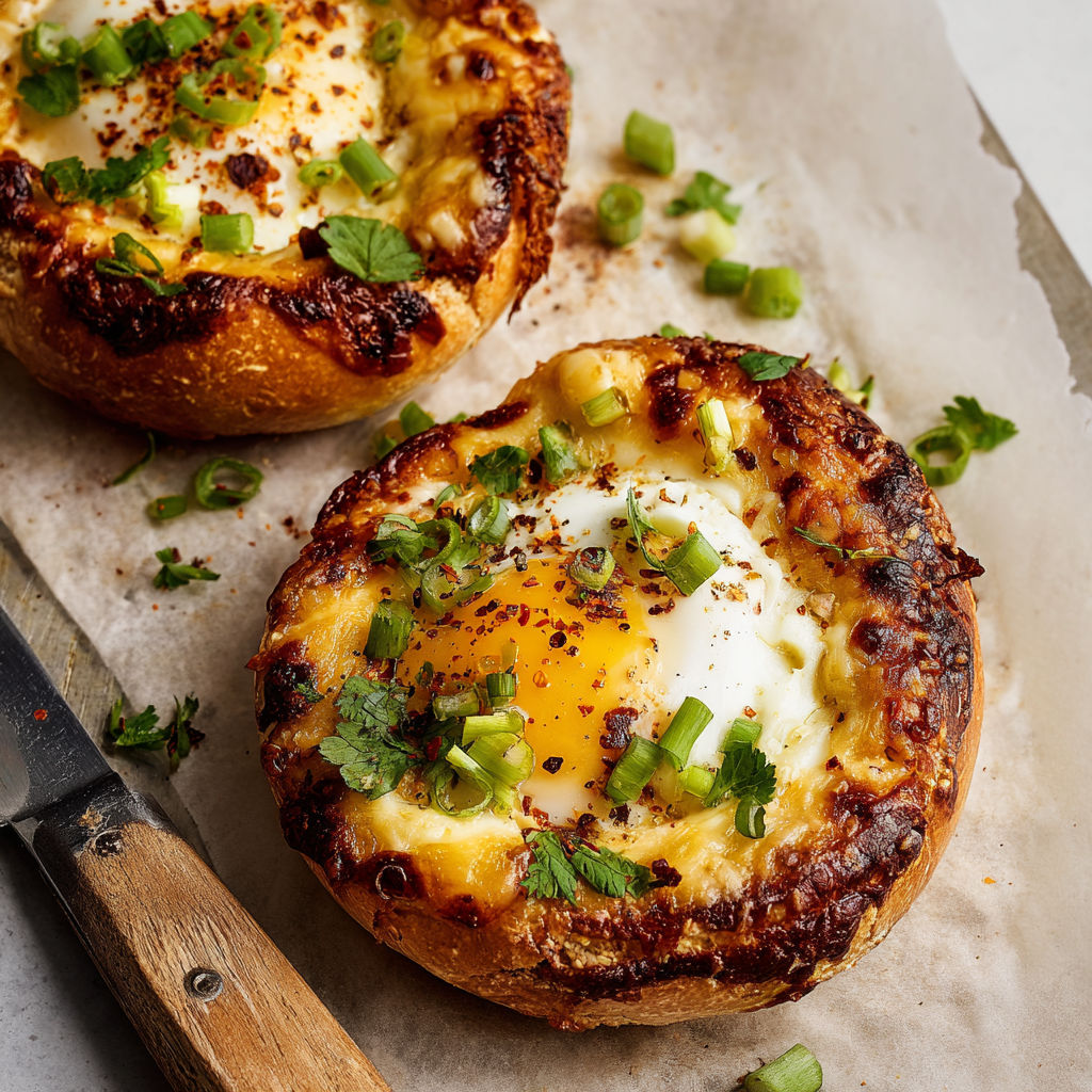 Bagel façon brunch croustillant avec œuf au four et cheddar fondant et doré.