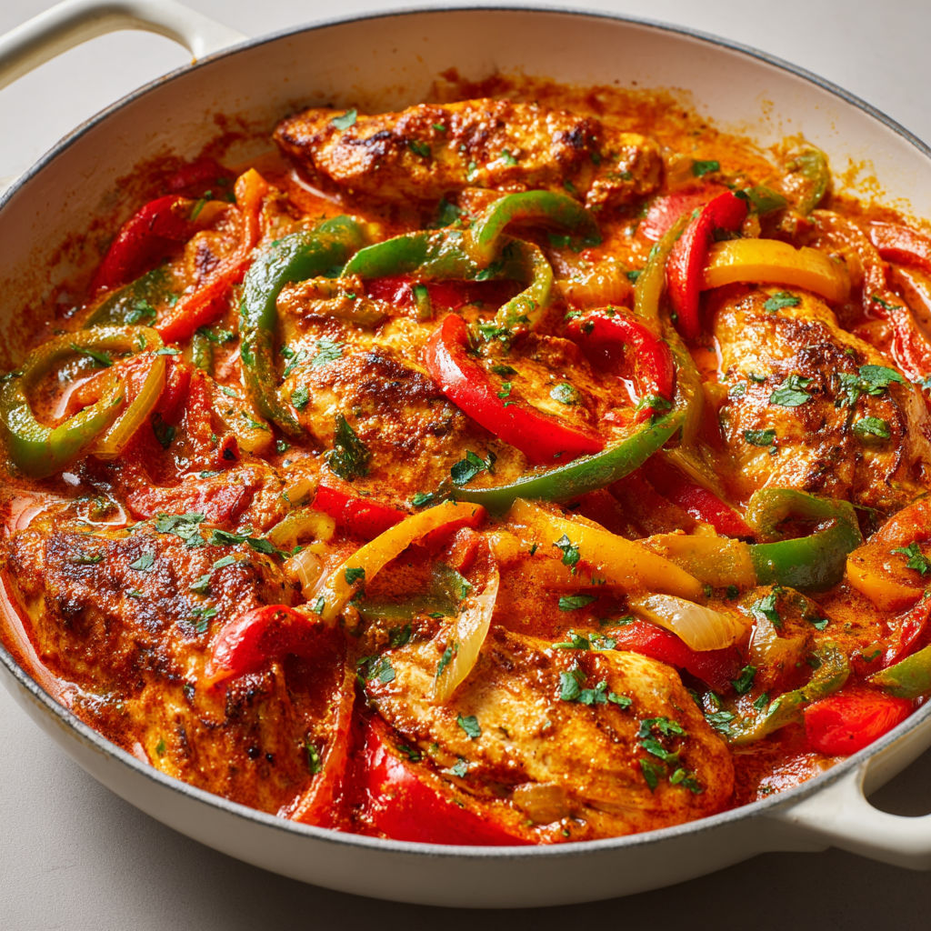 Une poêlée de poulet aux poivrons et tomates est servie dans un bol en acier.