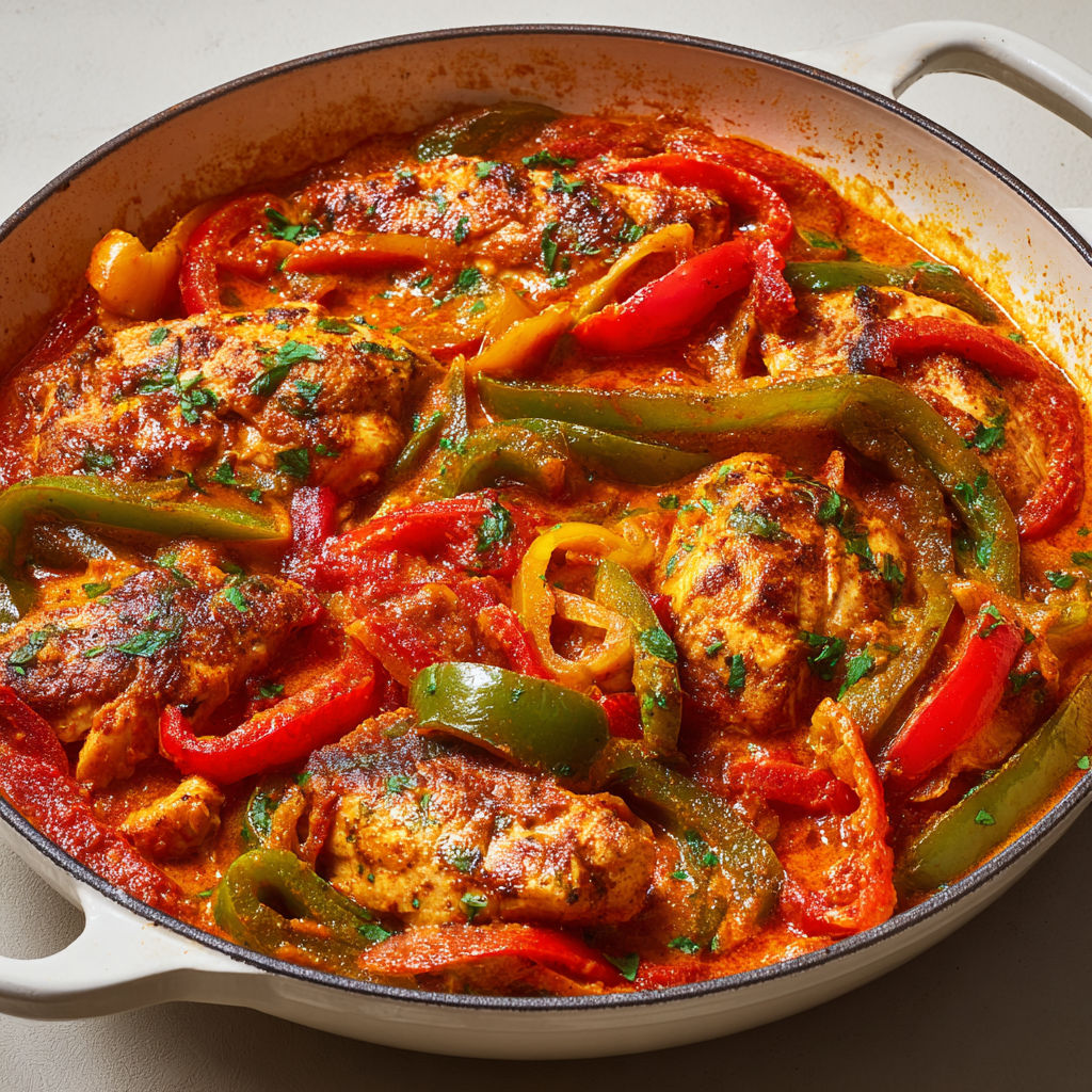 Émincé de poulet aux poivrons confits dans une sauce tomate douce et parfumée.