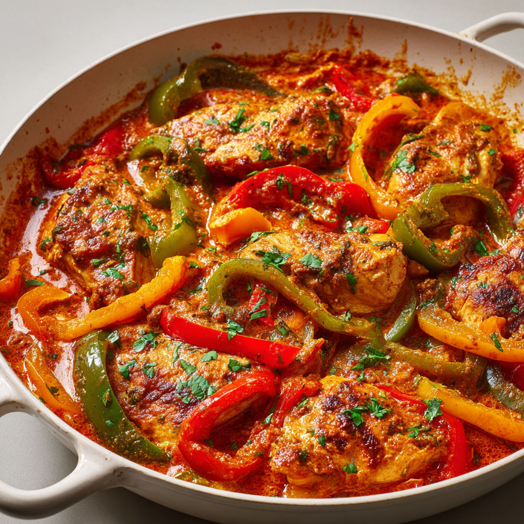 Poêlée de poulet fondant aux légumes et sauce tomate légère.