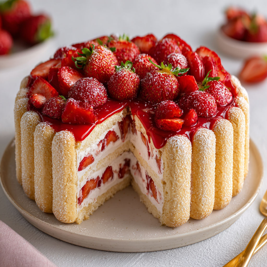 Une Charlotte aux fraises gourmande et sans cuisson est servie sur un plateau.