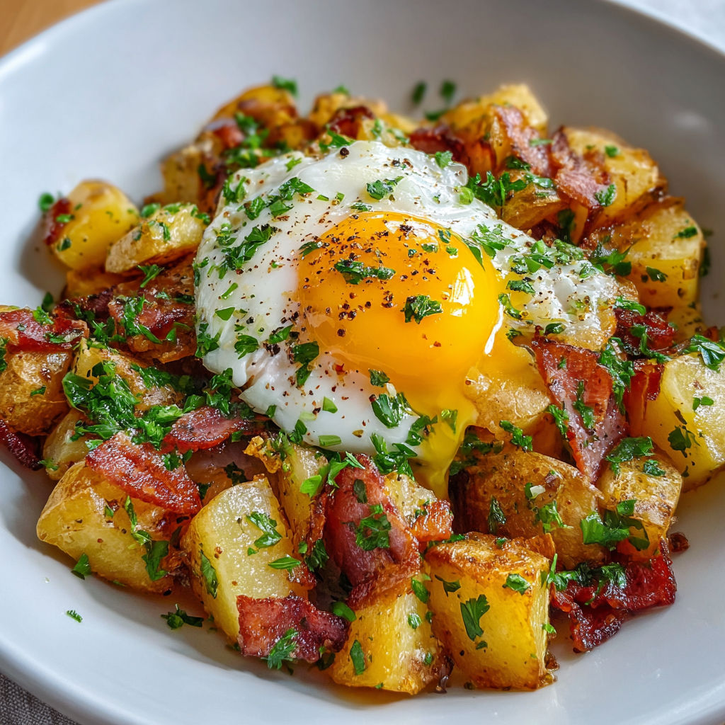 Salade rustique de pommes de terre, lardons croustillants et œuf au plat.
