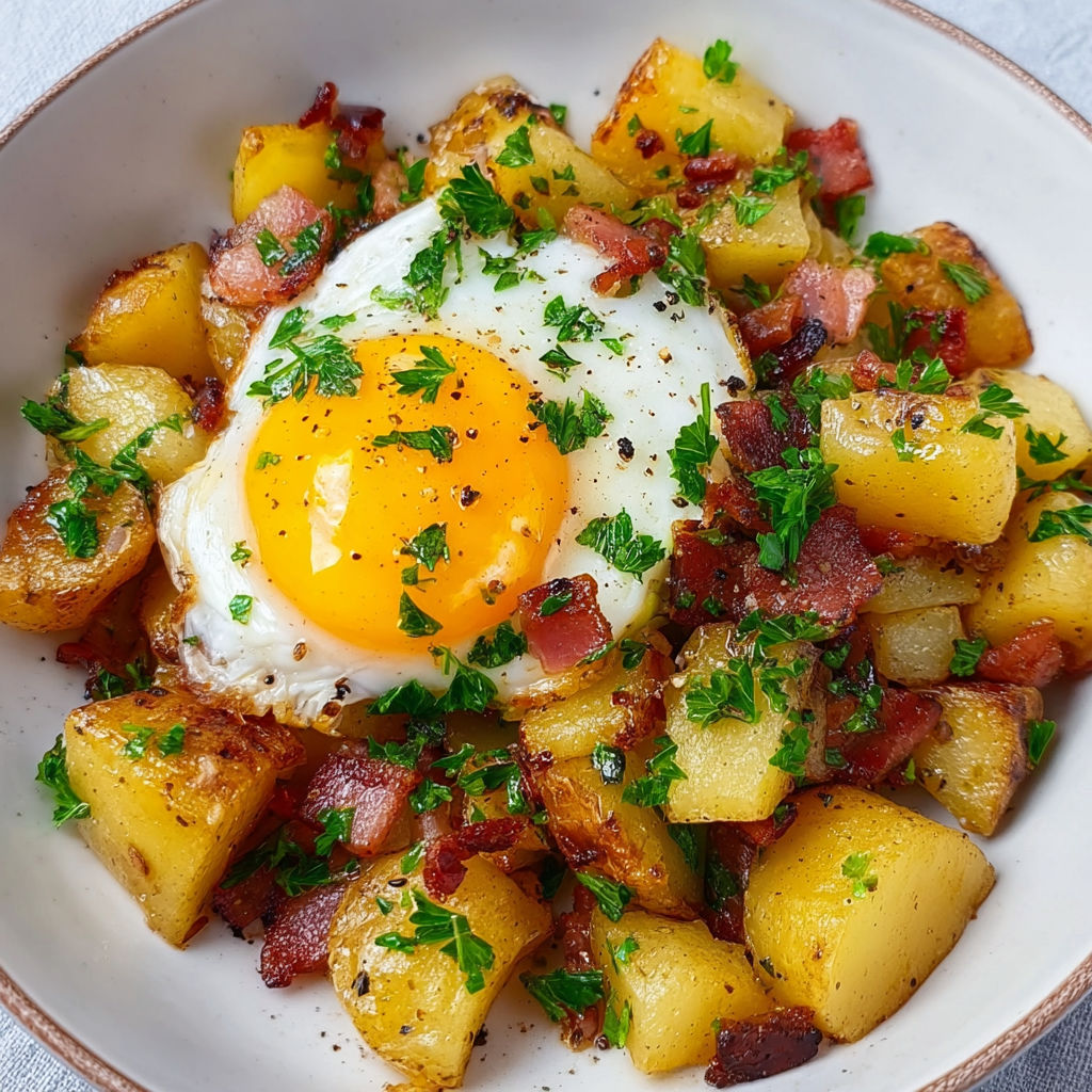 Salade paysanne généreuse aux lardons fumés, pommes de terre rissolées et persil frais.