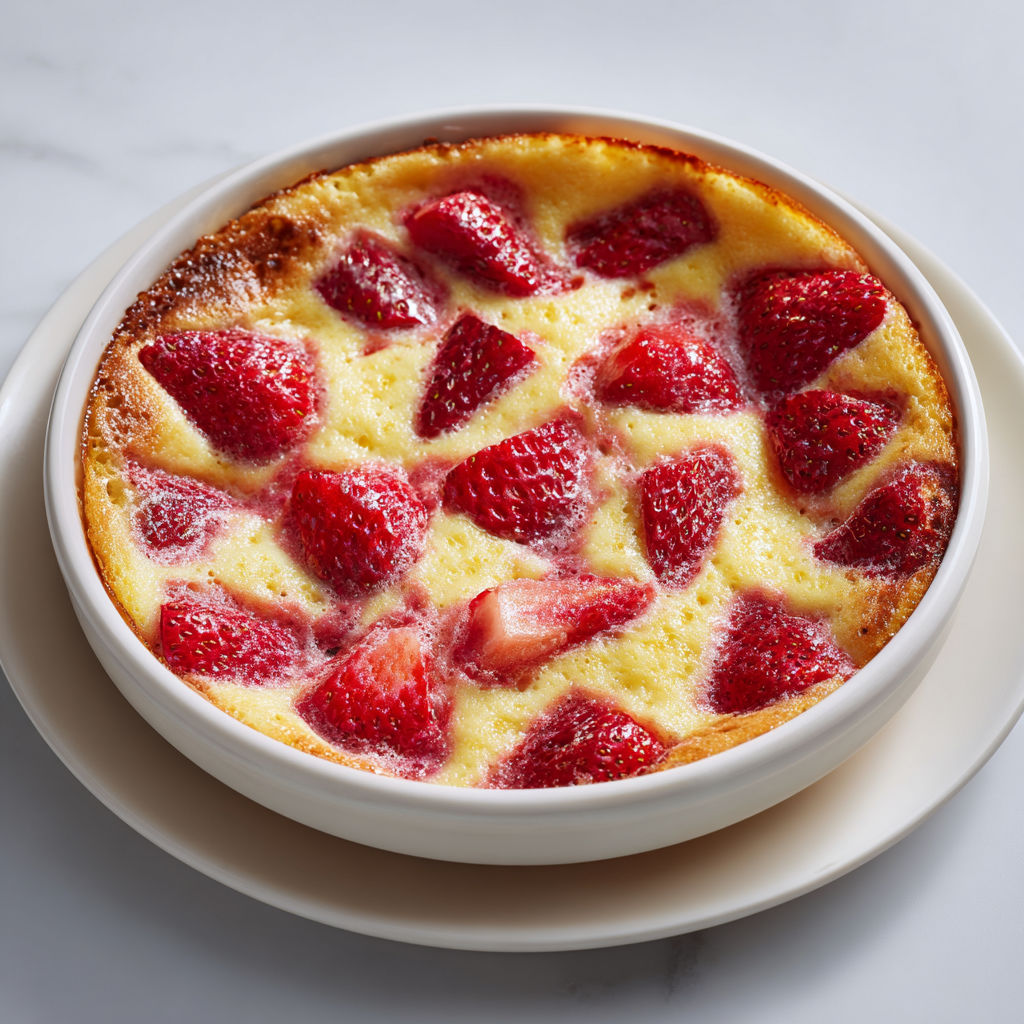 Clafoutis aux fraises traditionnel au lait entier et vanille, gâteau simple et doré aux fruits rouges.