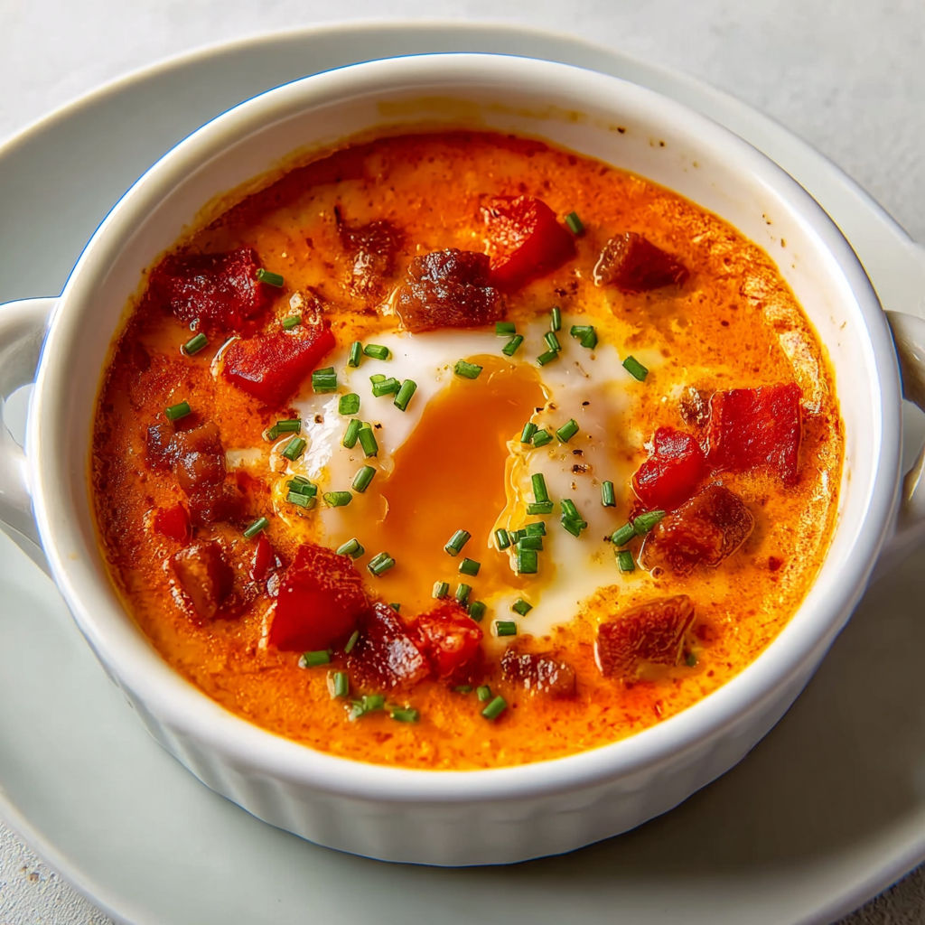 Œufs mollets nappés d’une crème de chorizo onctueuse et légèrement relevée, recette gourmande façon tapas.