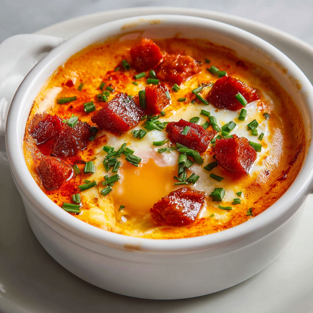 Œuf mollet en cocotte sur crème de chorizo au poivron et tomate, plat crémeux et épicé inspiré de la cuisine espagnole.