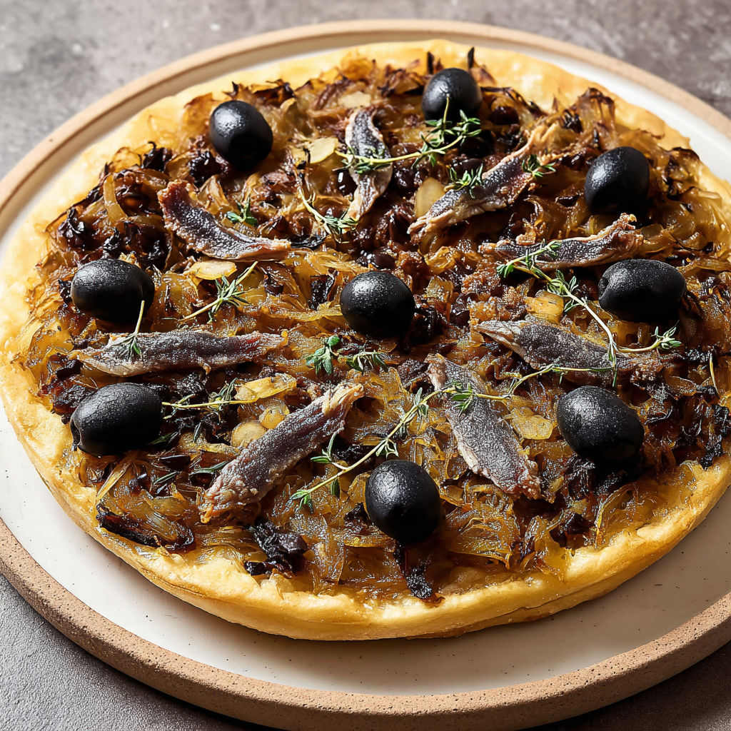 Tarte façon pissaladière aux aubergines, oignons longuement mijotés et olives noires, spécialité méditerranéenne au thym.