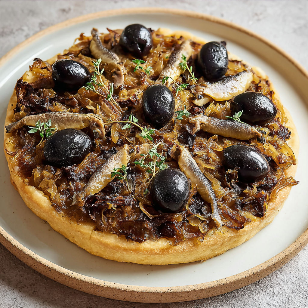 Pissaladière revisitée aux aubergines et oignons fondants, tarte salée méditerranéenne aux anchois et olives.
