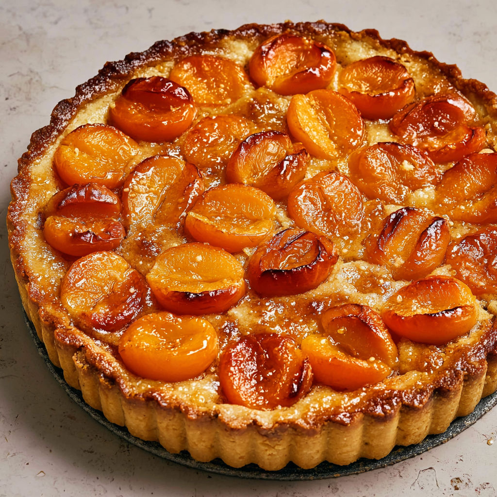 Tarte aux abricots et crème d’amandes façon amandine, gâteau doré au beurre et fruits d’été.