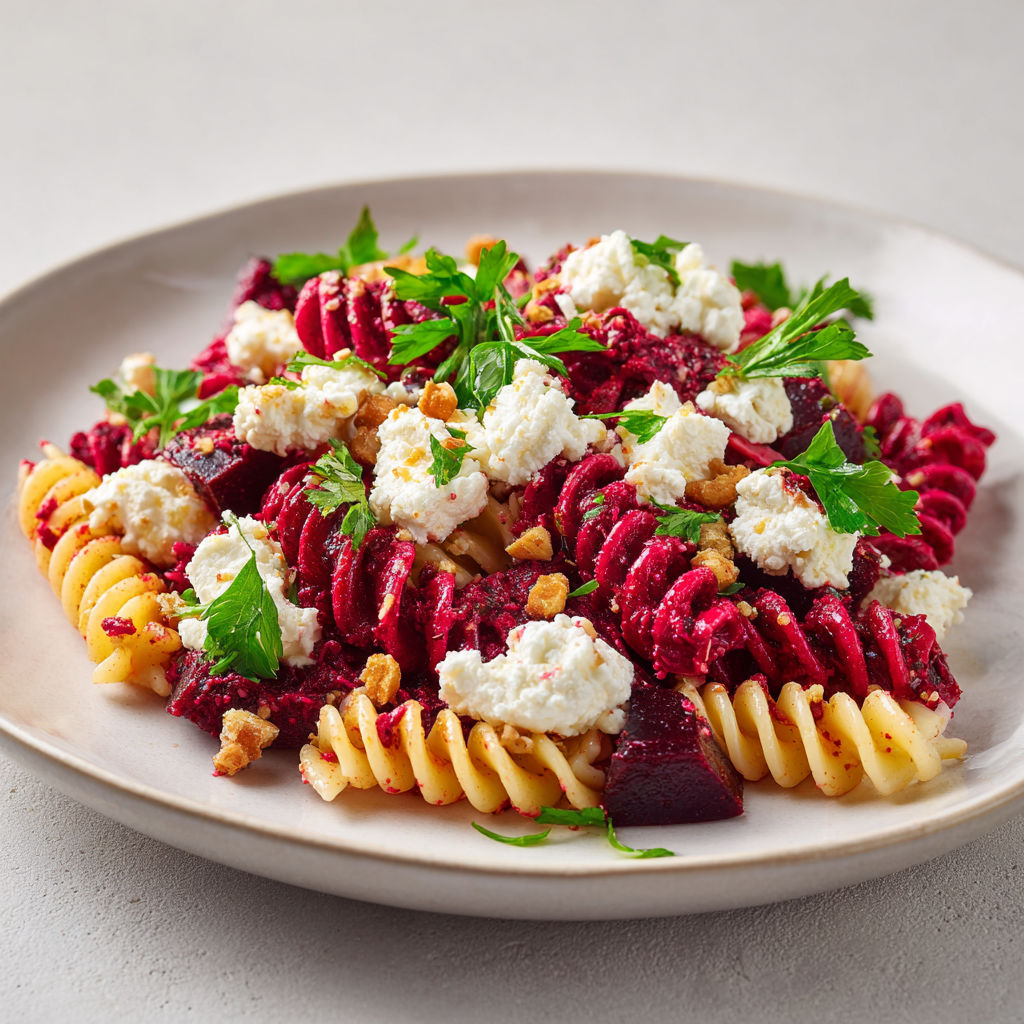 Salade de pâtes colorée au pesto de betterave et feta, fusilli froids au parmesan et herbes fraîches.
