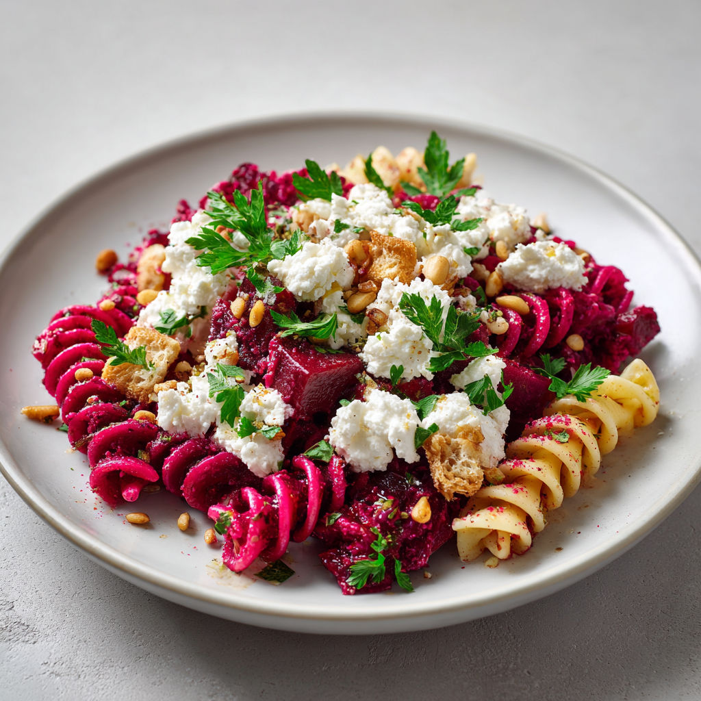 Pâtes fusilli au pesto de betterave maison, salade froide gourmande à la feta et pignons de pin.
