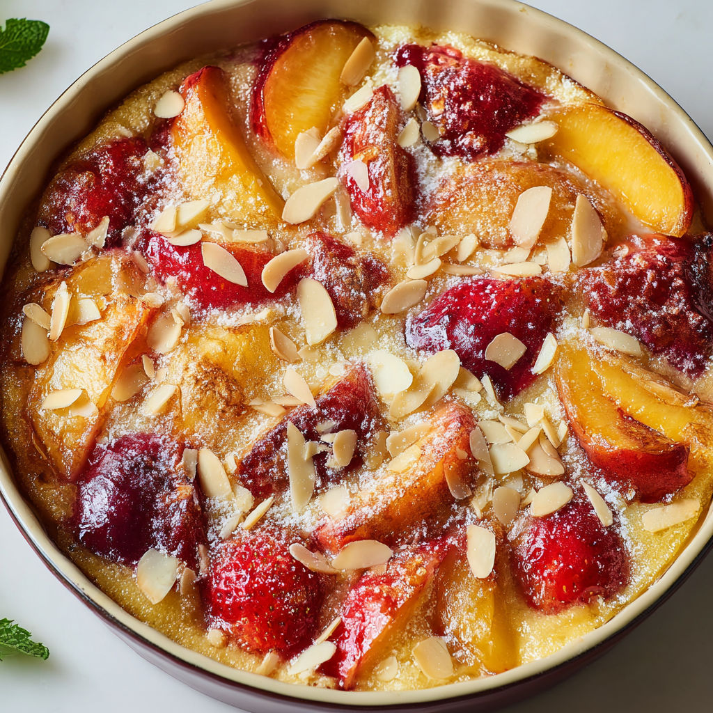 Fruits d’été gratinés aux dragées, dessert gourmand aux nectarines rôties, fraises fondantes et crème d’amande.