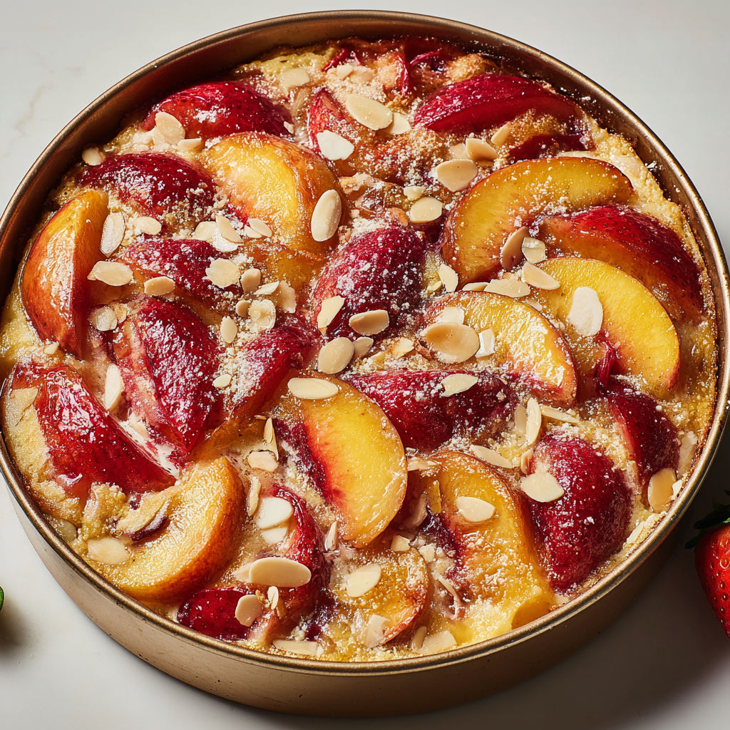 Gratin de fruits d’été aux fraises et nectarines, douceur fruitée au parfum d’amande et éclats de dragées croquantes.