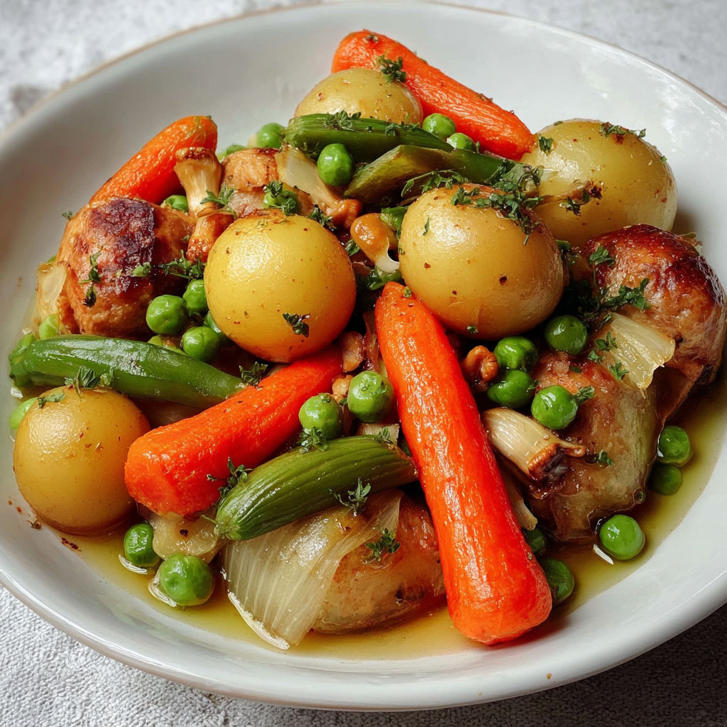 Une assiette de légumes printaniers, y compris des carottes, des pois, des pommes de terre et des légumes verts.