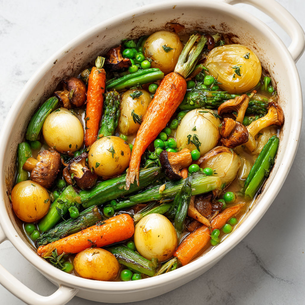 Printanière de légumes de saison glacés au beurre, assortiment gourmand de légumes verts et racines tendres.