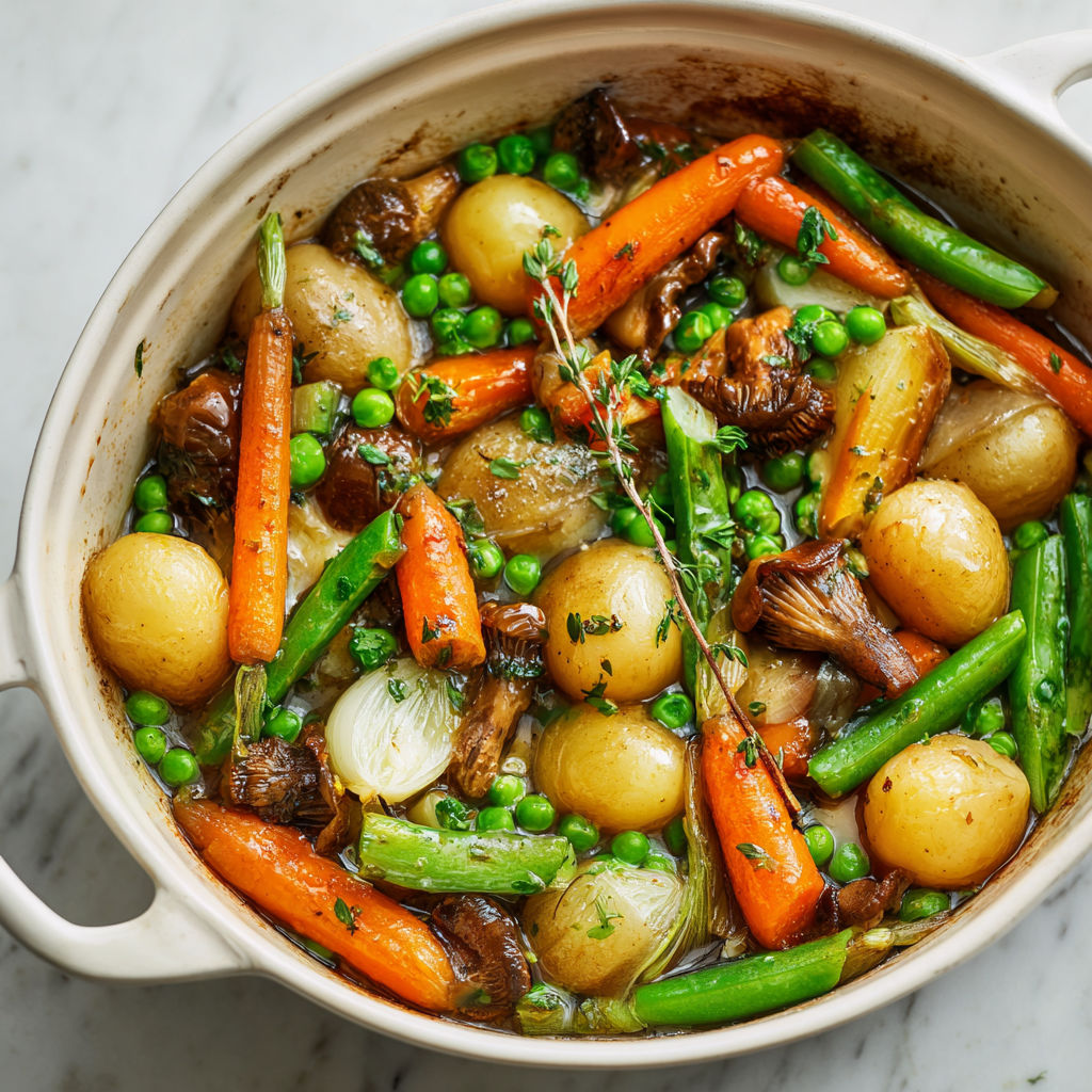Poêlée de légumes primeurs au beurre fondant, assortiment de carottes, asperges, haricots verts et girolles fraîches.