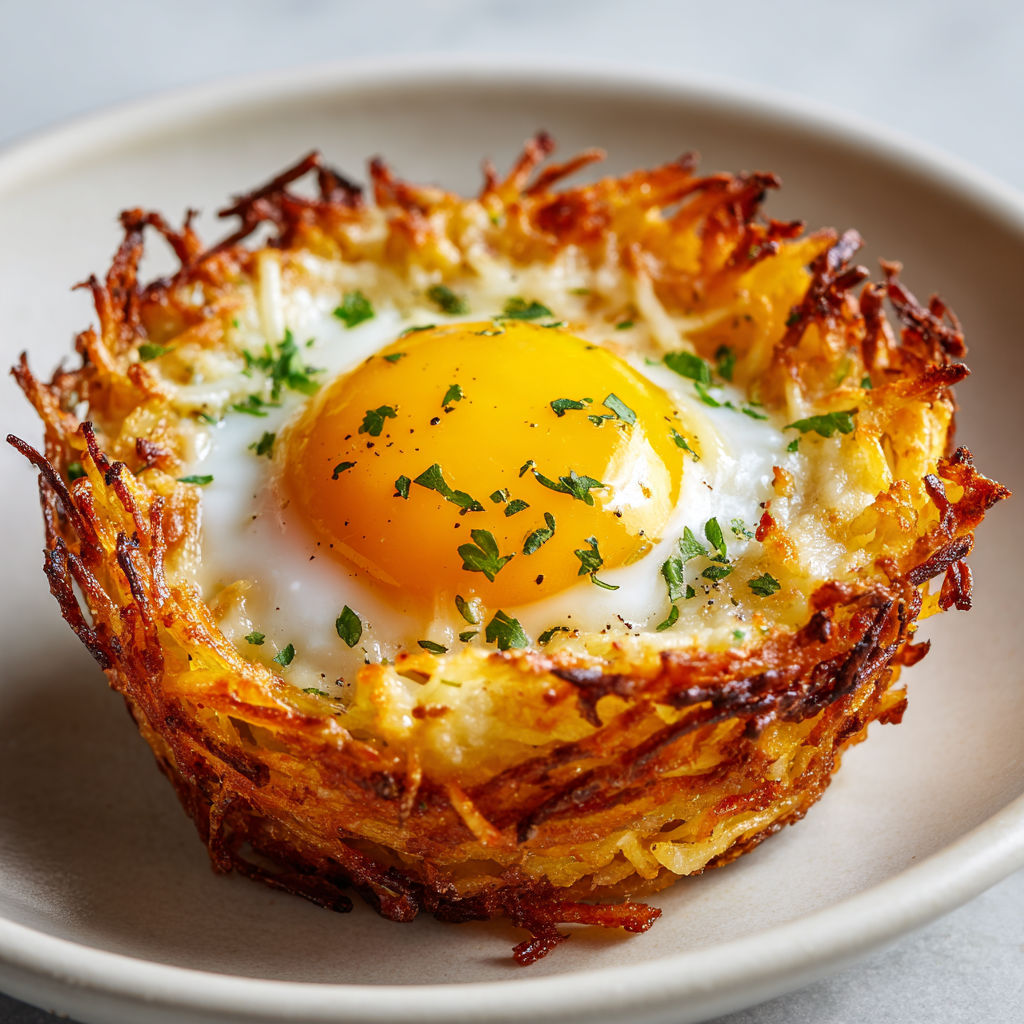 Œufs cocotte en nids croustillants de pommes de terre et carotte, recette gratinée au fromage fondant.