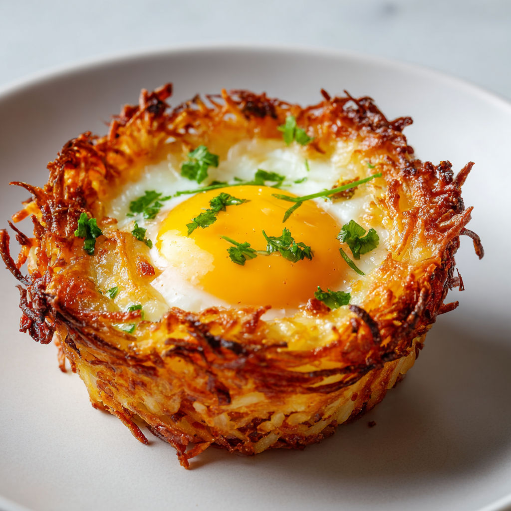 Nids de légumes au four garnis d’œufs, préparation dorée façon cocotte individuelle avec fromage et herbes.