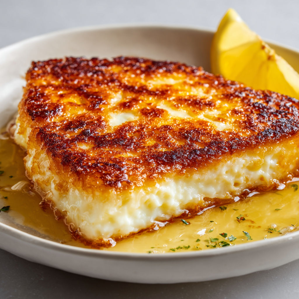 Fromage frit façon saganaki à la poêle, recette grecque simple au citron et croûte dorée.