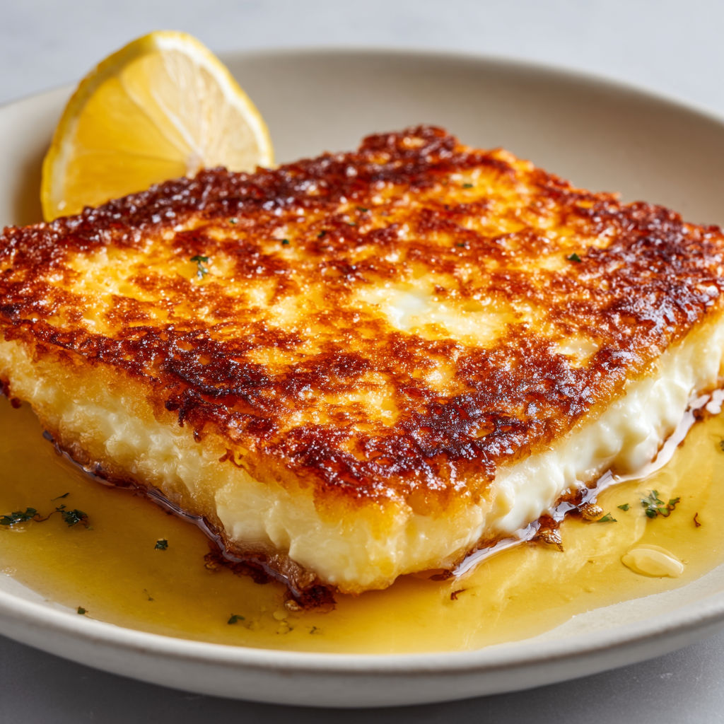 Saganaki traditionnel au fromage poêlé, spécialité grecque fondante et croustillante relevée au citron.