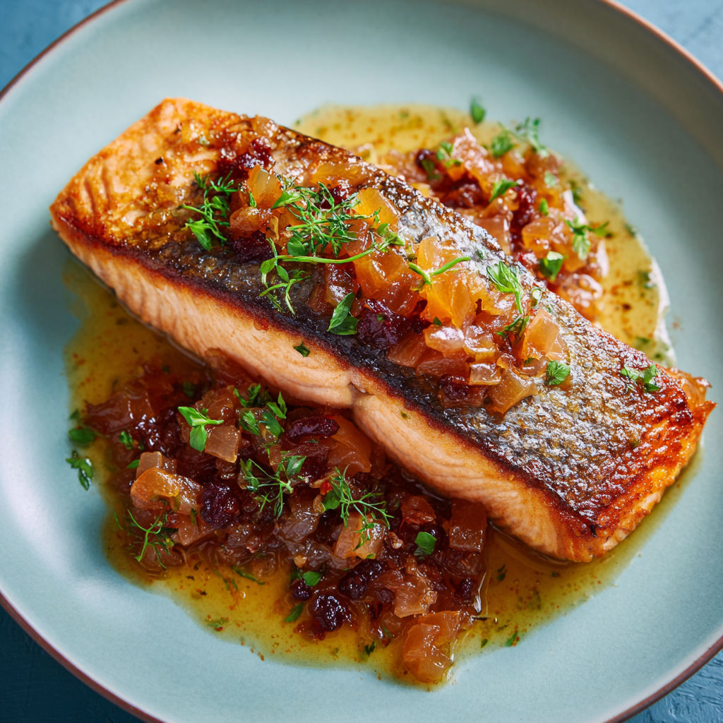 Saumon grillé accompagné d’un chutney acidulé de rhubarbe, recette sucrée-salée aux accents raffinés et fruités.