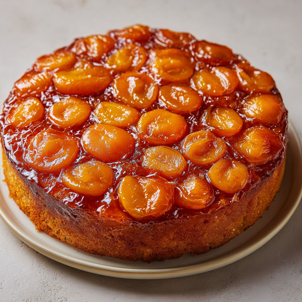 Un gâteau renversé aux abricots est présenté sur un plateau.