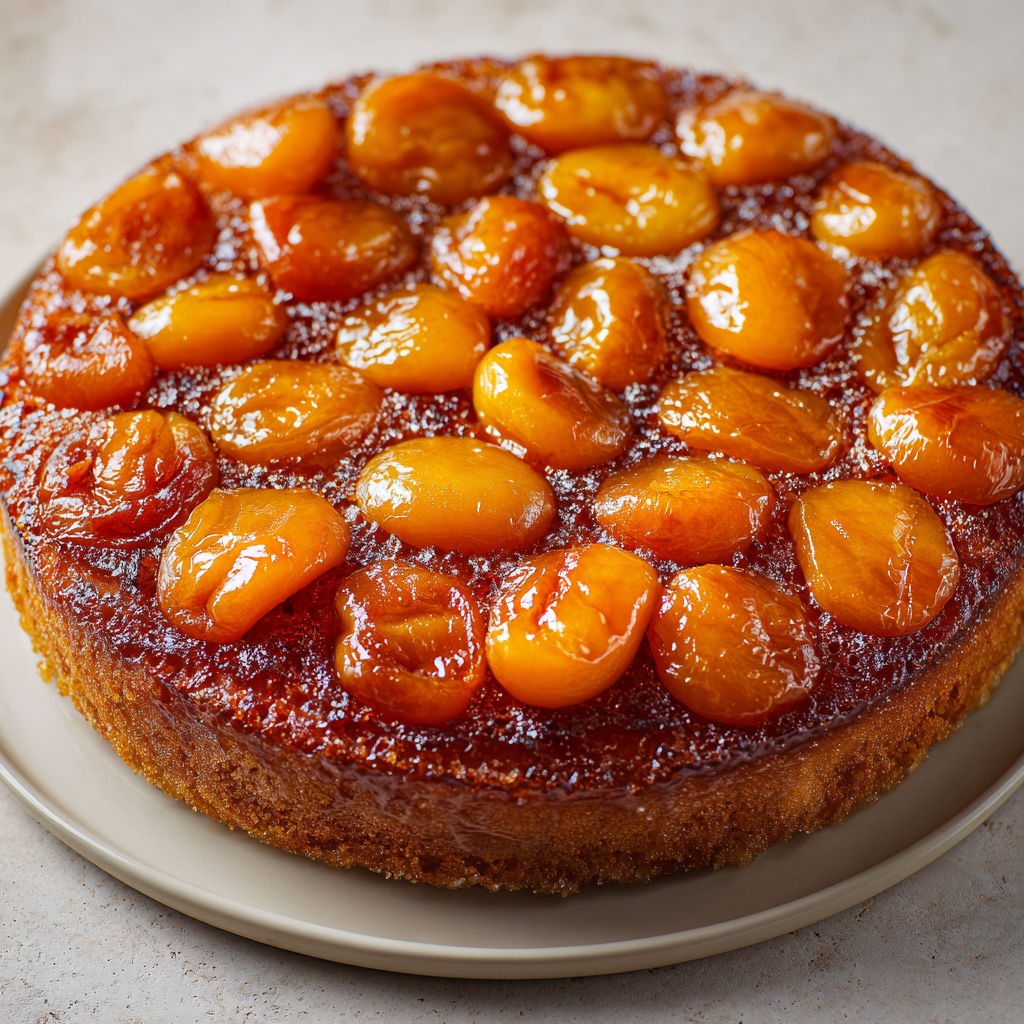Gâteau fondant aux abricots sur caramel doré, renversé à la sortie du four.