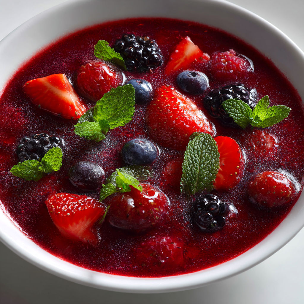 Soupe de fruits rouges parfumée à la menthe fraîche et à la crème de cassis.