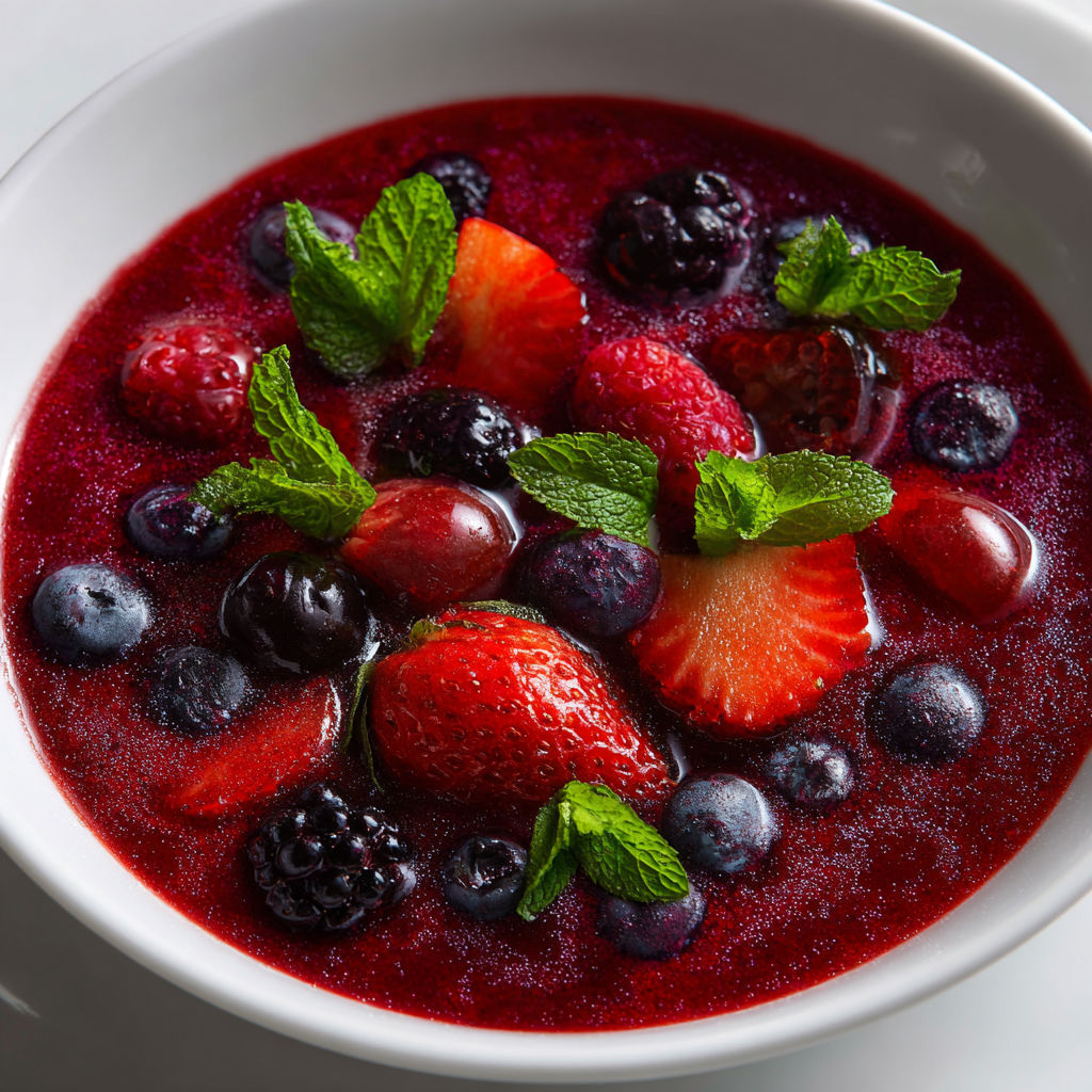 Soupe froide de fruits rouges gourmands à la menthe et touche de cassis.